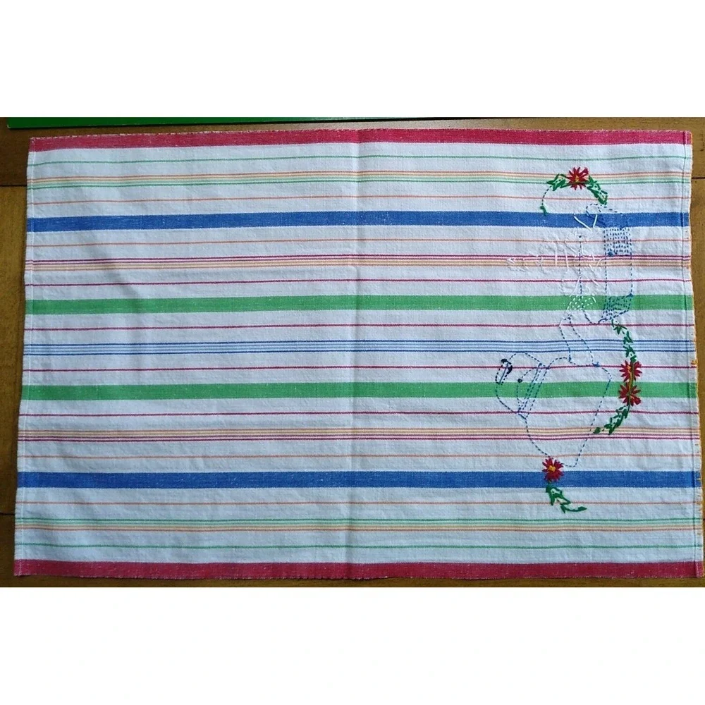 Vtg Embroidered Cotton Tea Towel Striped Blue Red Green Teapot 24 x 16